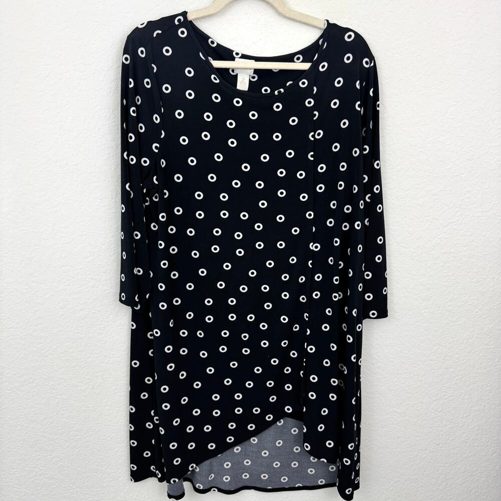 Chico's Womens Tunic Top Size L Circle Print 3/4 Sleeves Hi Low Hem Black